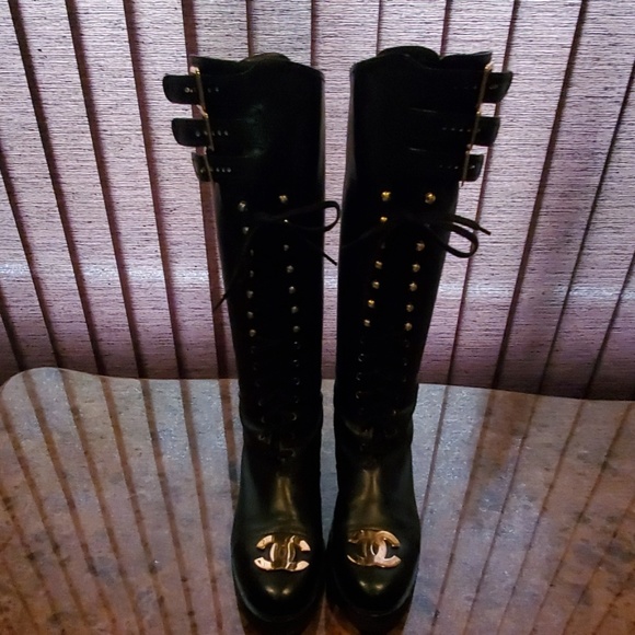chanel black lace up boots